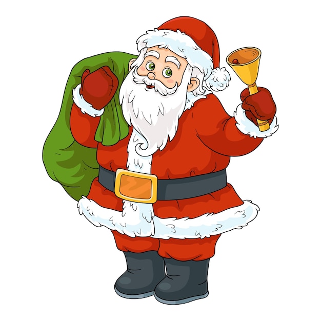 Ilustración de dibujos animados de navidad para niños vector de santa claus con una campana y una bolsa de regalos