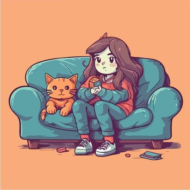 Una ilustración de dibujos animados de una niña y un gato en un sofá