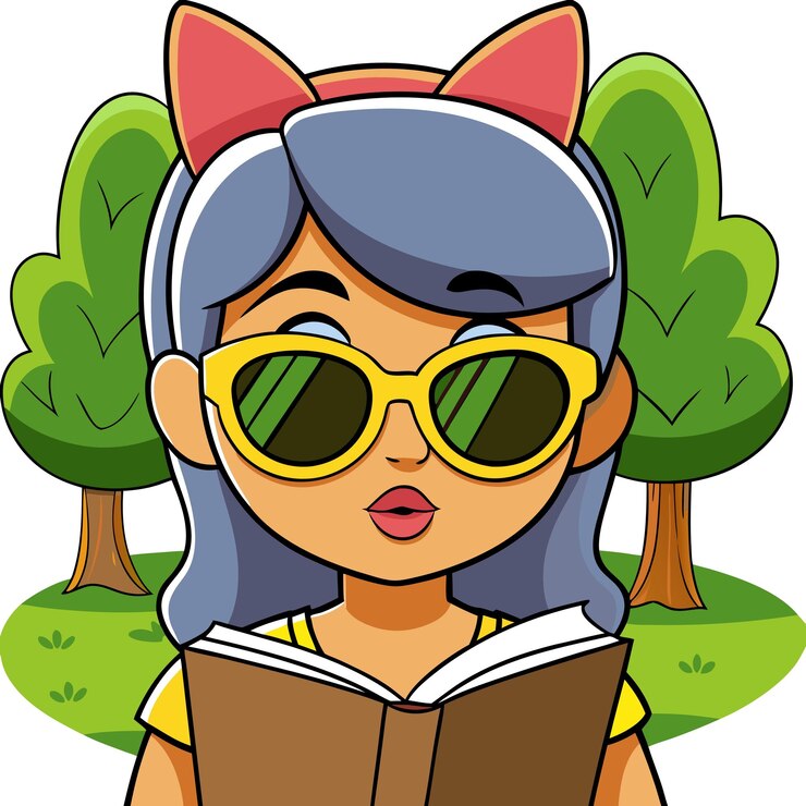 Vector una ilustración de dibujos animados de una niña leyendo un libro con un gato en la portada