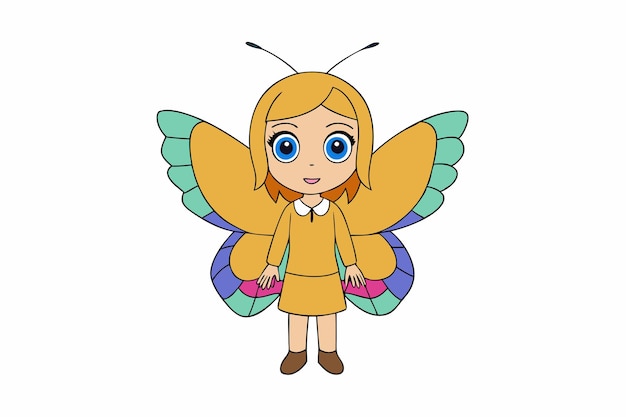 Ilustración de dibujos animados de una niña con una mariposa en la cabeza
