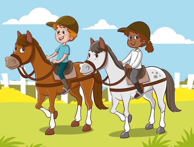Ilustración de dibujos animados de un niño a caballo