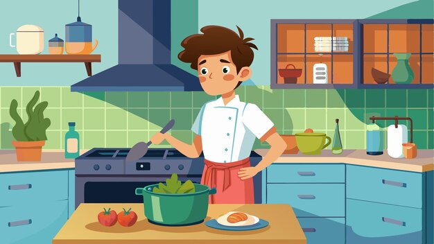 una ilustración de dibujos animados de un niño cocinando en una cocina con una olla de comida