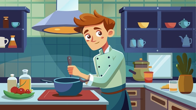 una ilustración de dibujos animados de un niño cocinando en una cocina