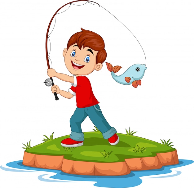 Ilustración de dibujos animados niño feliz pesca | Vector Premium