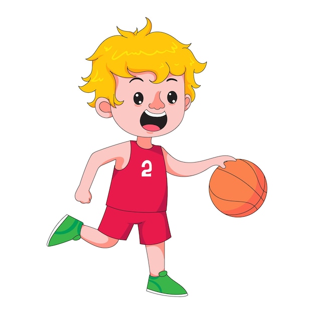Ilustración de dibujos animados de un niño jugando al baloncesto