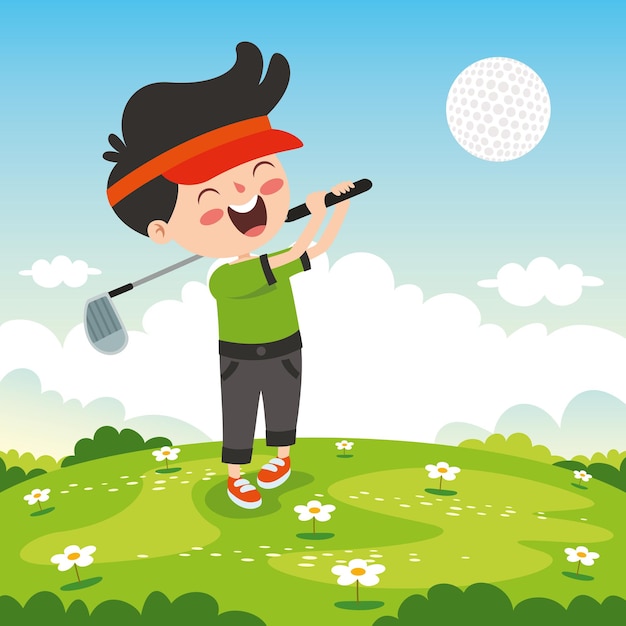 Vector ilustración de dibujos animados de un niño jugando al golf