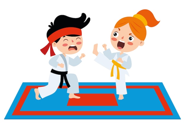 Vector ilustración de dibujos animados de un niño jugando al karate