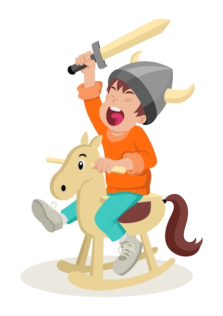 Vector ilustración de dibujos animados de un niño jugando con caballo de madera