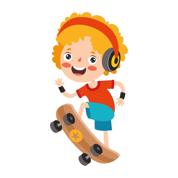 Ilustración de dibujos animados de un niño jugando patineta