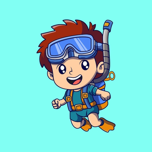 Ilustración de dibujos animados de un niño lindo haciendo snorkel El concepto del ícono de estudio El estilo de dibuyos animados plano