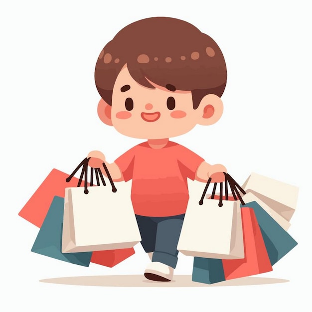 Vector una ilustración de dibujos animados de un niño llevando bolsas de compras