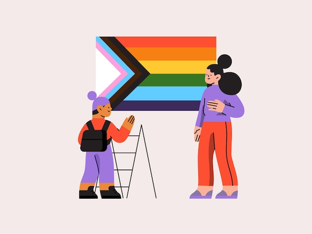 una ilustración de dibujos animados de un niño y una niña con una mochila y una bandera arco iris