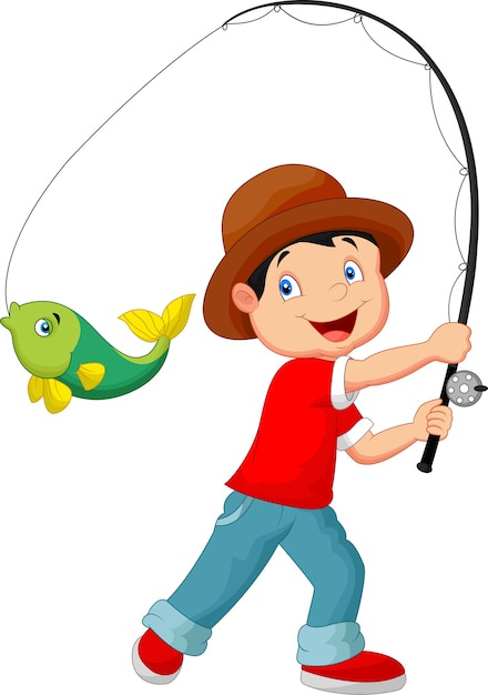 Vector ilustración de dibujos animados niño pesca