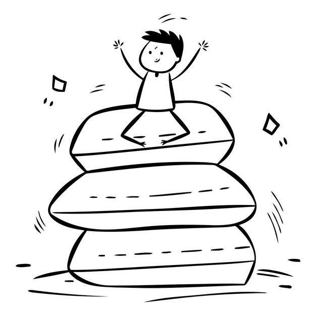 Ilustración de dibujos animados de un niño saltando sobre una pila de almohadas