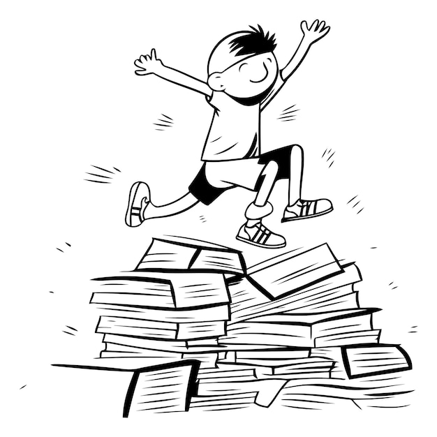 Ilustración de dibujos animados de un niño saltando sobre una pila de libros