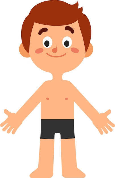 Ilustración de dibujos animados de un niño sonriente que muestra su cuerpo con ropa interior ideal para contenido educativo o de atención médica relacionado con la anatomía, la higiene o la pubertad