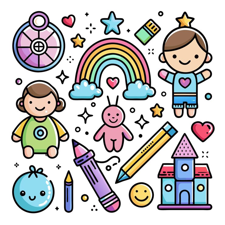 Vector ilustración de dibujos animados con niños arco iris y lápices