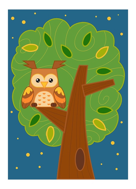 Vector ilustración de dibujos animados para niños cartel colorido paisaje nocturno el búho en el árbol