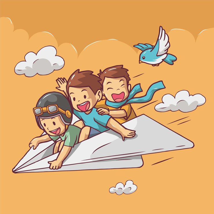 Ilustración de dibujos animados de niños en un emocionante avión de papel