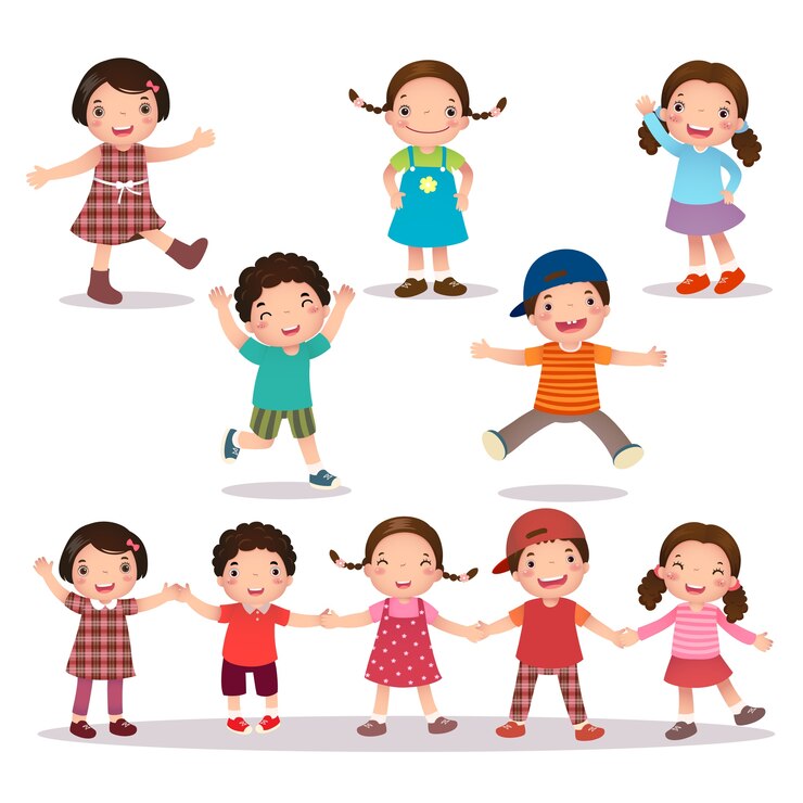 Vector ilustración de dibujos animados de niños felices tomados de la mano y saltando
