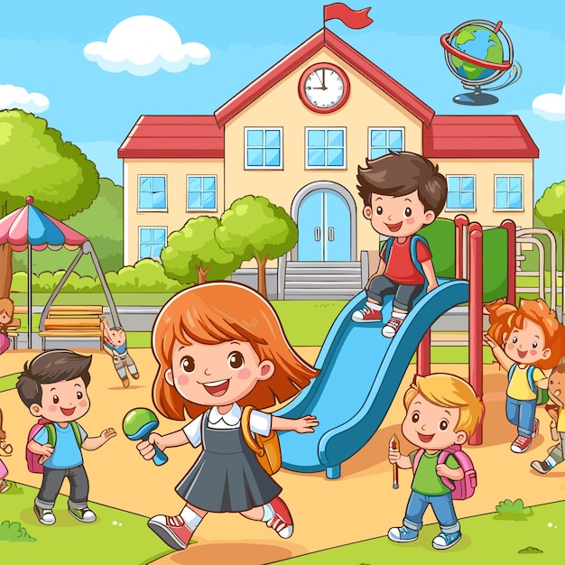 una ilustración de dibujos animados de niños jugando frente a un edificio escolar