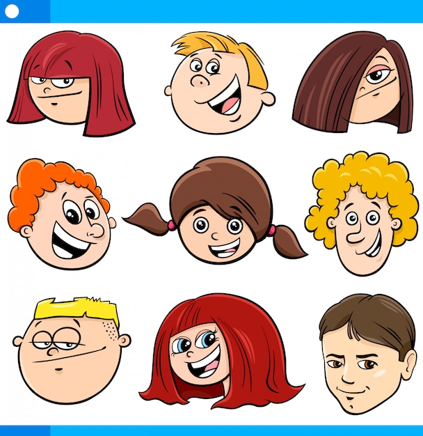 Ilustración de dibujos animados de niños personajes conjunto de cabezas