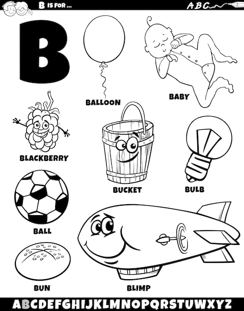 Ilustración de dibujos animados de objetos y personajes establecidos para la letra B página de colorear