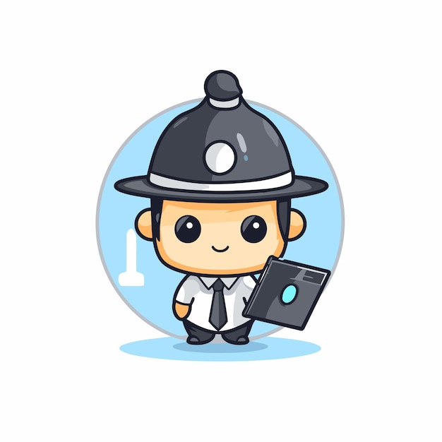 Vector ilustración de dibujos animados de un oficial de policía sosteniendo un teléfono inteligente diseño de personajes lindos