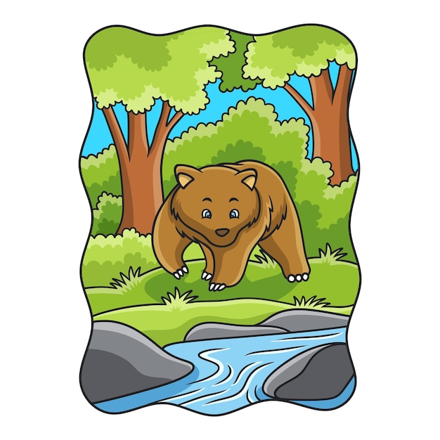 Ilustración de dibujos animados el oso está caminando en el bosque al lado del río en busca de comida