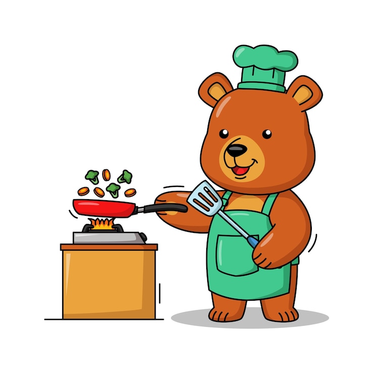Ilustración de dibujos animados de oso lindo cocinando comida