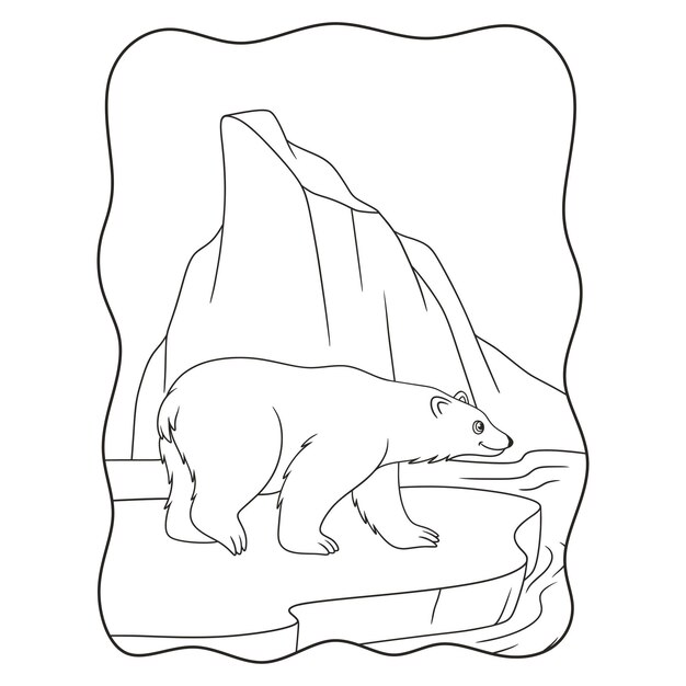 Ilustración de dibujos animados oso polar caminando sobre cubitos de hielo en medio del mar en busca de pescado para el libro de comida o página para niños en blanco y negro
