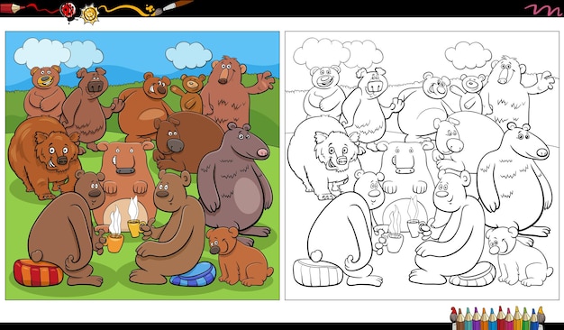 Ilustración de dibujos animados de osos personajes de animales para colorear página del libro