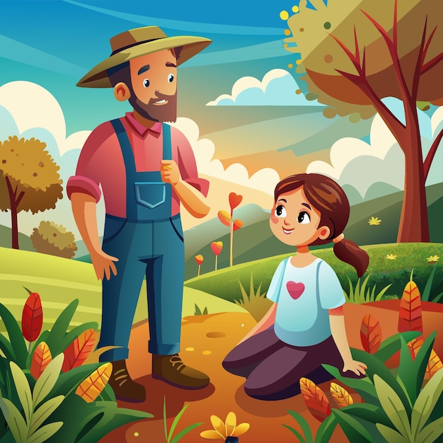 Vector una ilustración de dibujos animados de un padre y una hija en un jardín