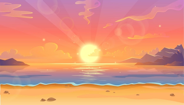  Ilustración de dibujos animados del paisaje del océano en la puesta del sol o el amanecer