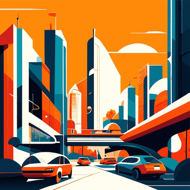 Vector ilustración de dibujos animados de un paisaje urbano con grandes edificios modernos y coches