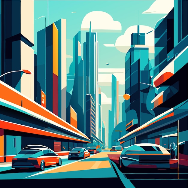 Vector ilustración de dibujos animados de un paisaje urbano con grandes edificios modernos y coches