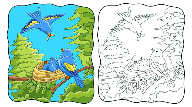 Ilustración de dibujos animados Los pájaros llevan comida a su libro o página de nidos para niños
