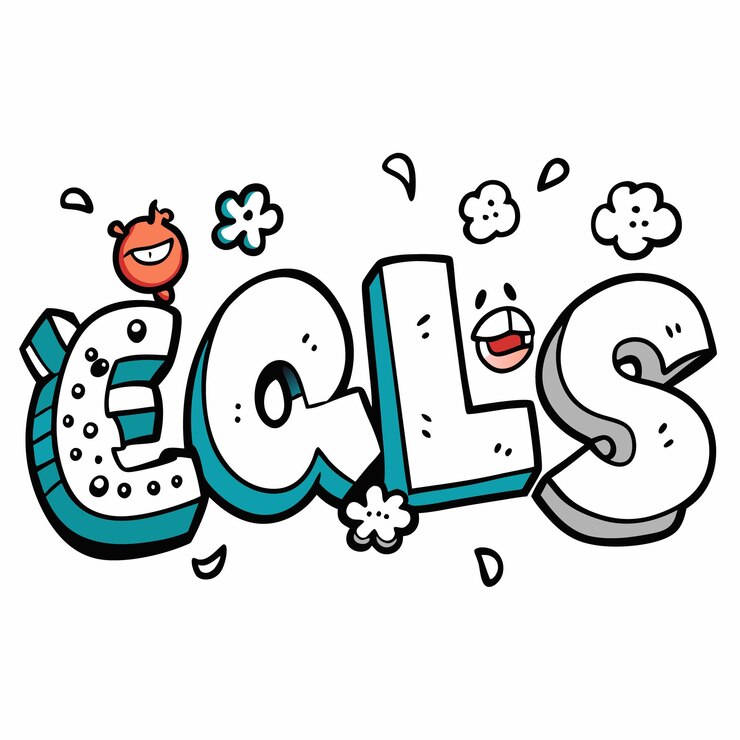 Vector ilustración de dibujos animados de la palabra "callsquot" con un estilo 3d lúdico y varios adornos