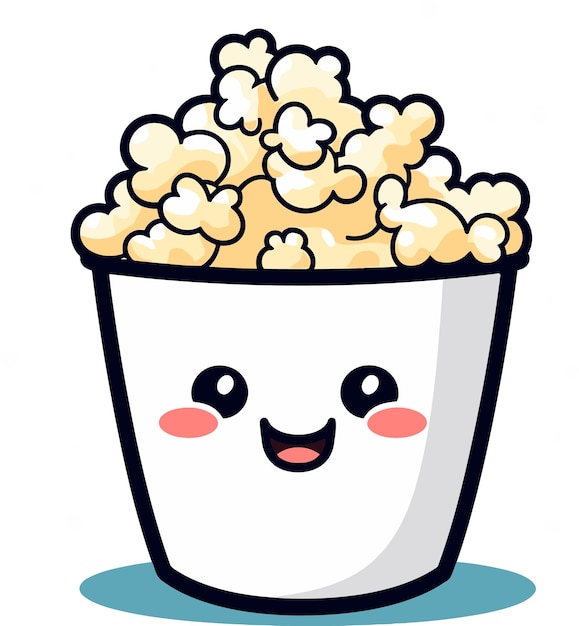 una ilustración de dibujos animados de una palomita de maíz con una cara sonriente en él