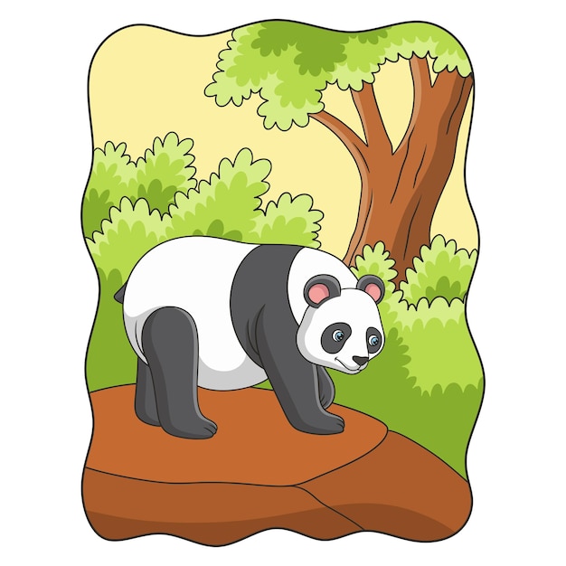Ilustración de dibujos animados un panda caminando sobre un acantilado en medio de un bosque en busca de comida