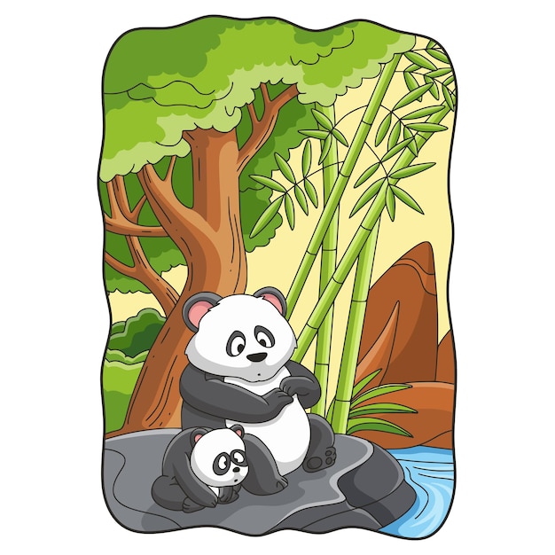 Ilustración de dibujos animados panda con su cachorro sentado en una gran roca junto al río