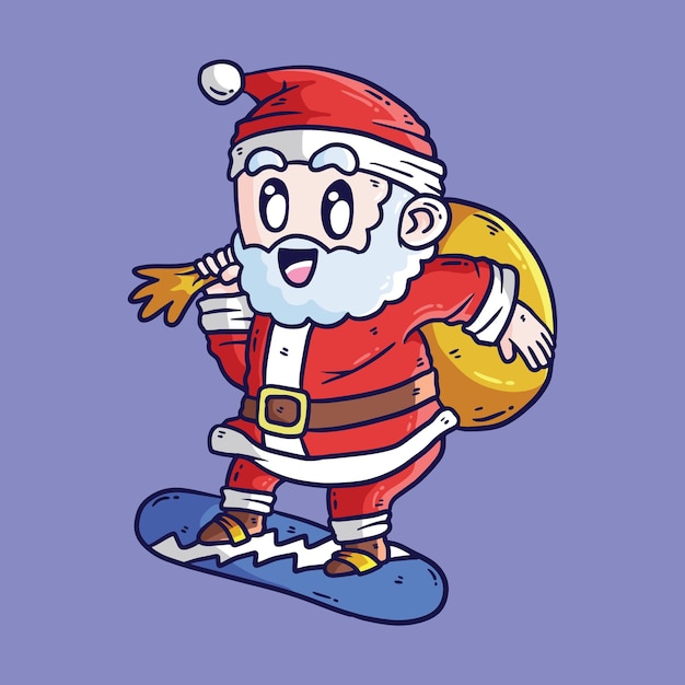Ilustración de dibujos animados de Papá Noel montando una tabla de nieve y trayendo regalos de Navidad