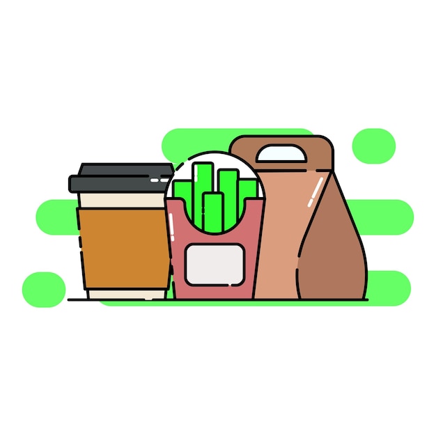 Ilustración de dibujos animados de papas fritas y café en bolsas de papel de comida rápida