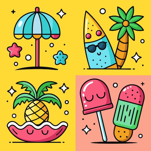 Ilustración de dibujos animados de un paraguas de playa una tabla de surf con gafas de sol una piña con una palmera y dos palomitas de hielo