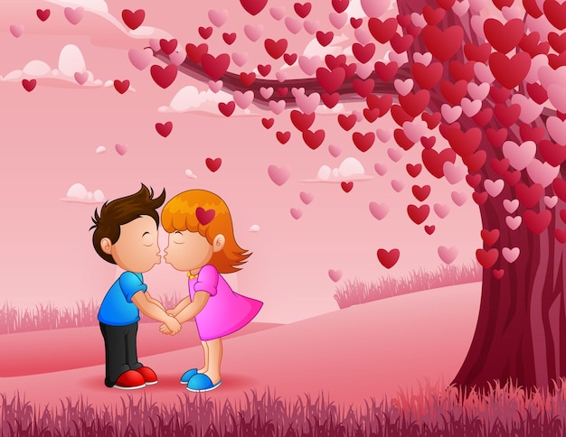 Ilustración de dibujos animados de una pareja besándose bajo un árbol de corazón