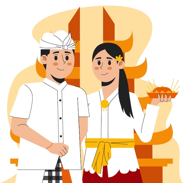 Una ilustración de dibujos animados de una pareja con traje tradicional indonesio
