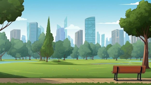 Vector una ilustración de dibujos animados de un parque con un banco y árboles