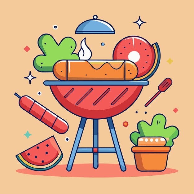 Ilustración de dibujos animados de una parrilla de barbacoa con comida y sandía