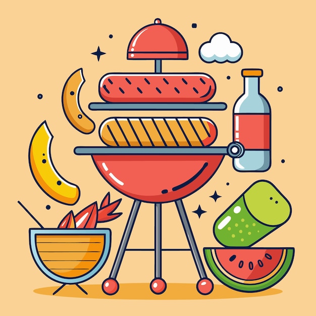 Ilustración de dibujos animados de una parrilla de barbacoa y comida