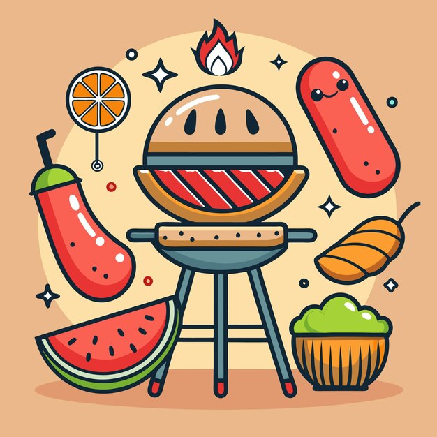 Ilustración de dibujos animados de una parrilla con salchicha de sandía y berenjena